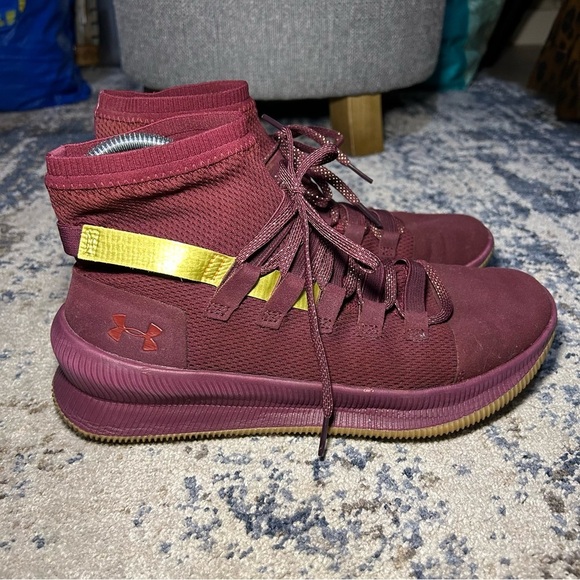 Under Armour M-Tag PE Josh Jackson Burgundy & Gold High-Top Basketball Shoes 9 - Picture 1 of 11